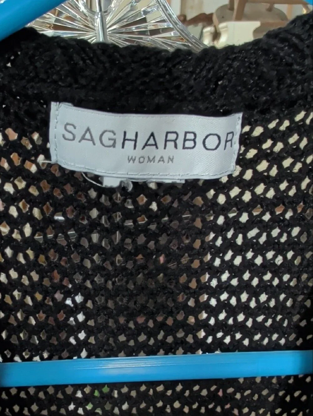 Sag Harbor Black Open-Weave Short Sleeve Cardigan